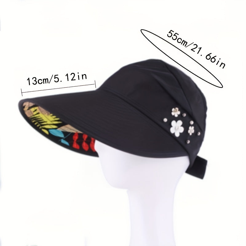 Women'S Wide Brim Sun Visor Hat with Faux Pearl & Floral Embellishments - Foldable Beach & Picnic Cap, Lightweight & Breathable for Outdoor Activities, All-Season Use, Sun Visor Hat, Picnic Headwear, Stylish Headgear, Durable