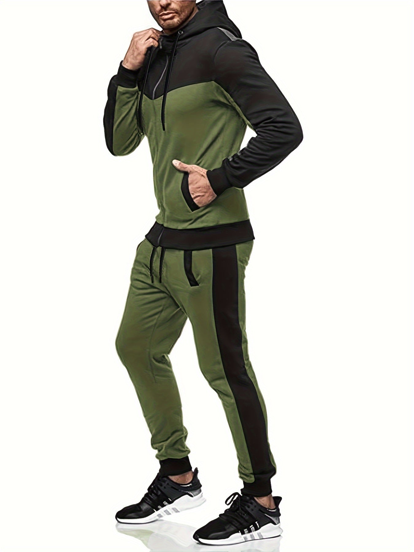 Two-Piece Color Block Men's Casual Sportswear Hoodie Set, Zip-Up Drawstring Jogging Suit For All Seasons