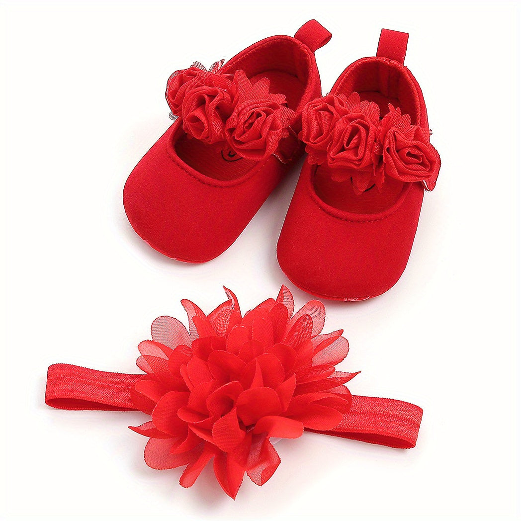 Baby Girls Mary Jane Flat Shoes With Floral Decor & Headband, Princess Wedding Crib Shoes For Infant Newborn First Walkers Prewalkers