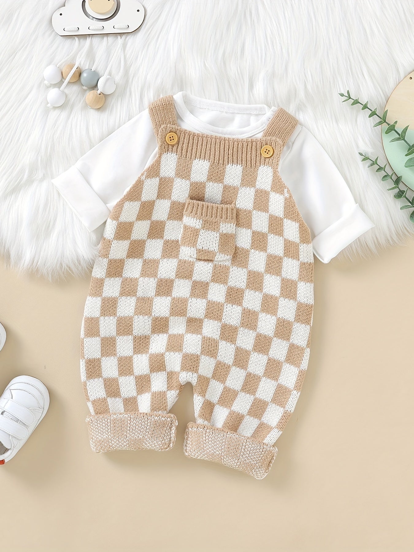 Cozy Baby Plaid Knitted Long Overall Pants - Soft Medium Stretch Acrylic Fabric, Square Neck, Elastic Casual Suspender Jumpsuit with Adorable Small Pocket, Regular Fit, All-Season Wear, No Inner Wear Required