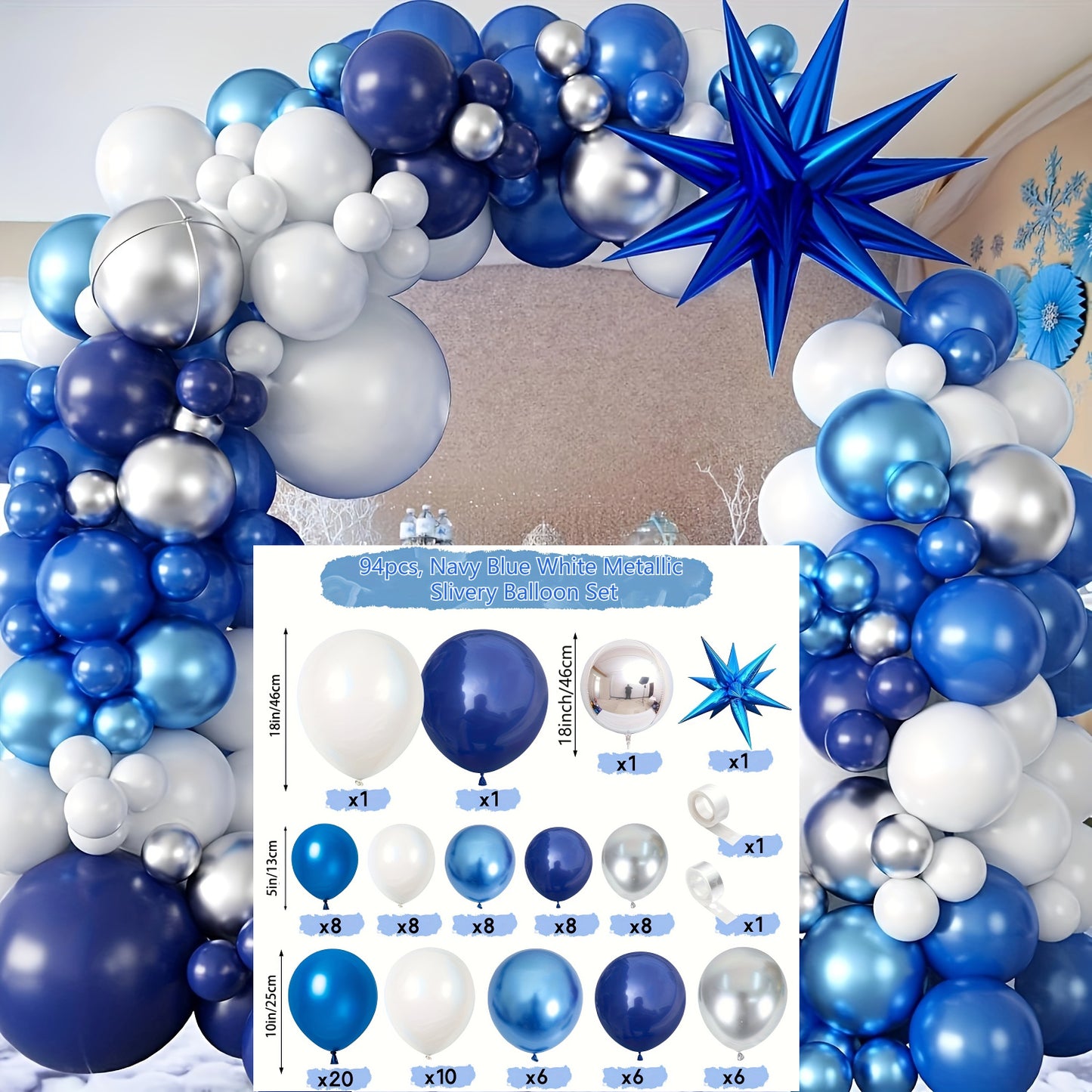 94pcs, Navy Blue White Metallic Slivery Balloon Set With Exploding Stars Aluminum Film Balloon Garland Arch Decoration, Graduation, Retirement, Wedding Party Decoration Brighten Up Your Party - Perfect For Birthday And Sweet