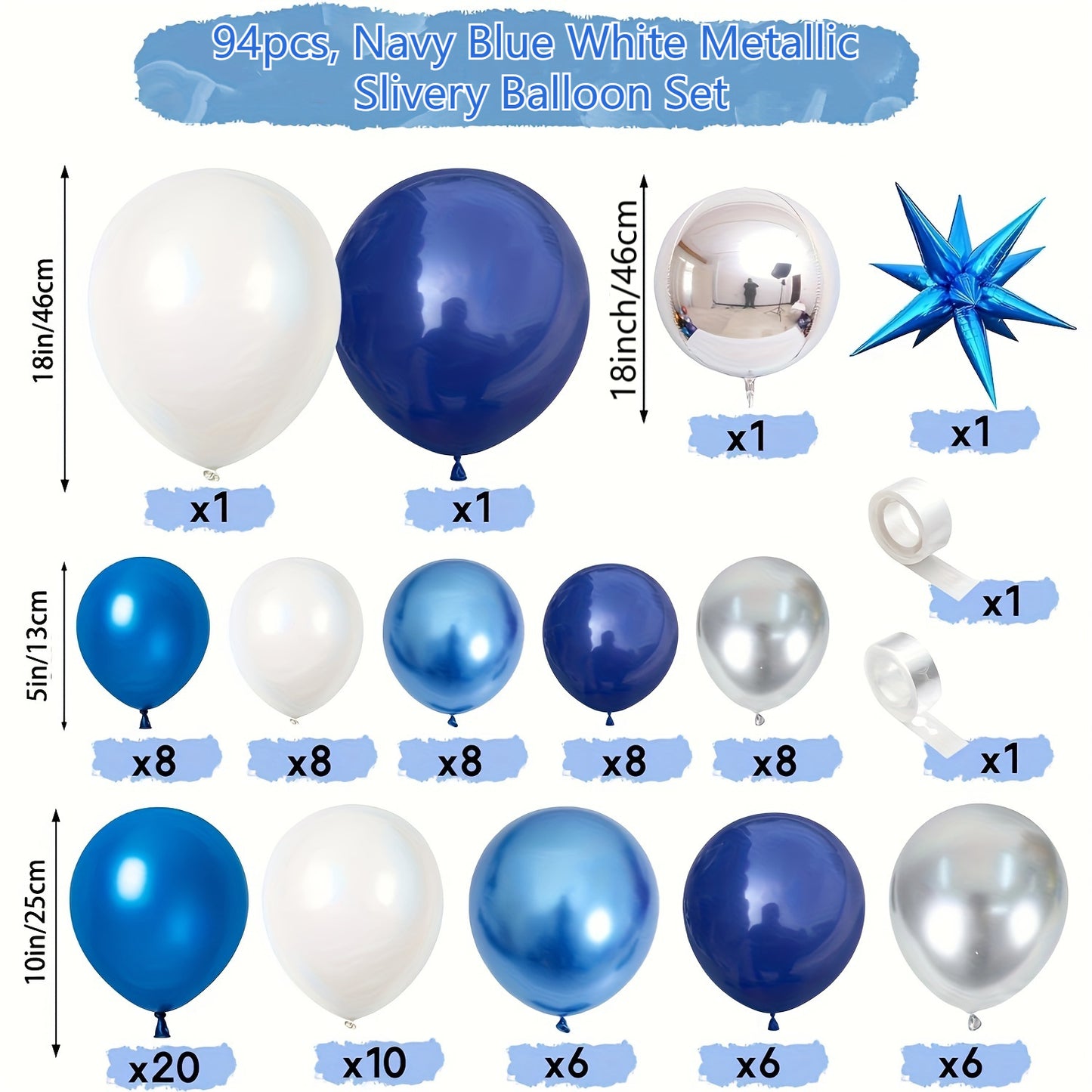 94pcs, Navy Blue White Metallic Slivery Balloon Set With Exploding Stars Aluminum Film Balloon Garland Arch Decoration, Graduation, Retirement, Wedding Party Decoration Brighten Up Your Party - Perfect For Birthday And Sweet