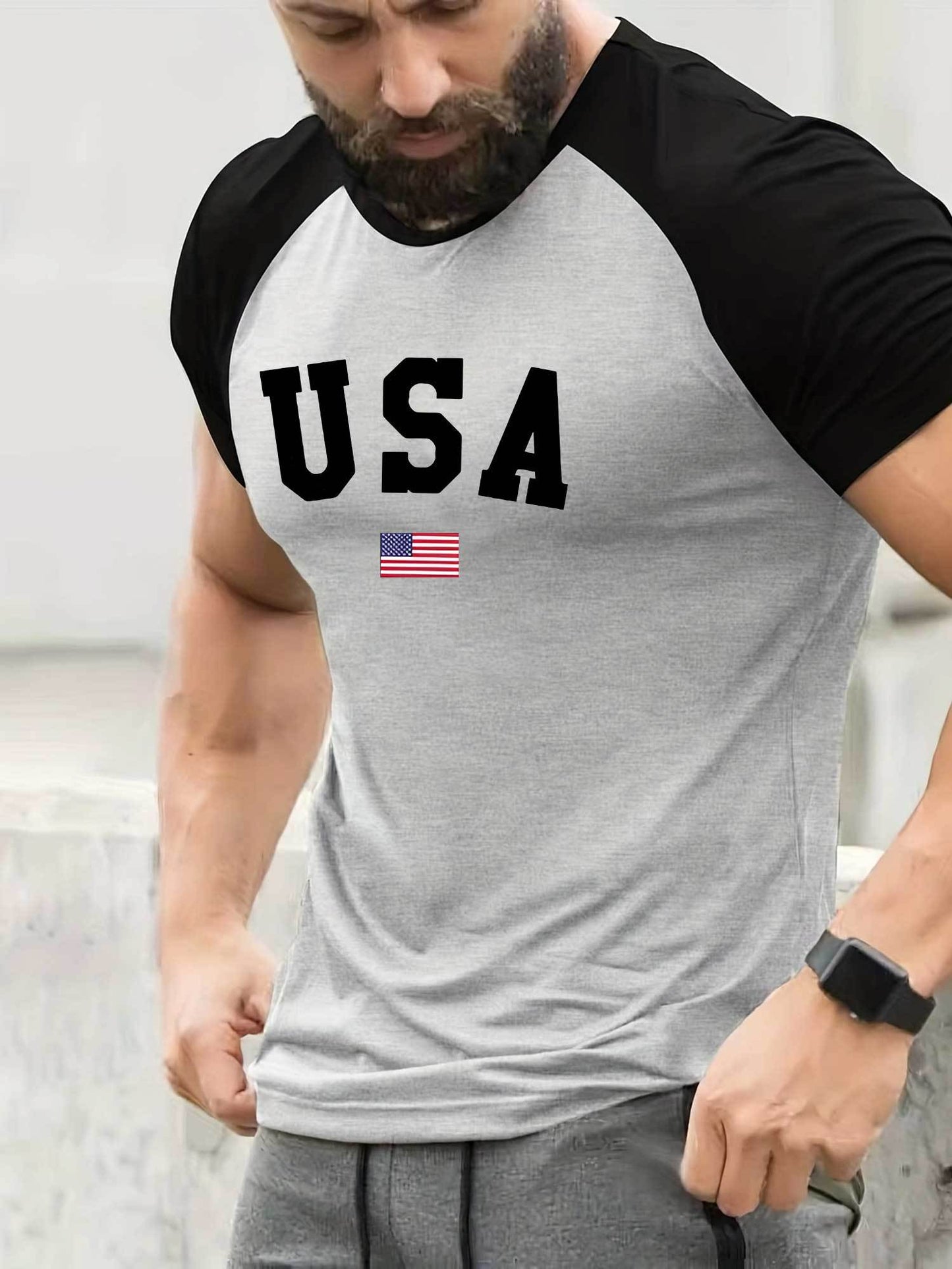 USA Flag Print Raglan T-Shirt for Men - Comfortable, Stretchy, Crew Neck, Short Sleeve, Casual Summer Sportswear Top with American Patriotic Design - Perfect for Fitness, Workout, Running, Outdoor Activities