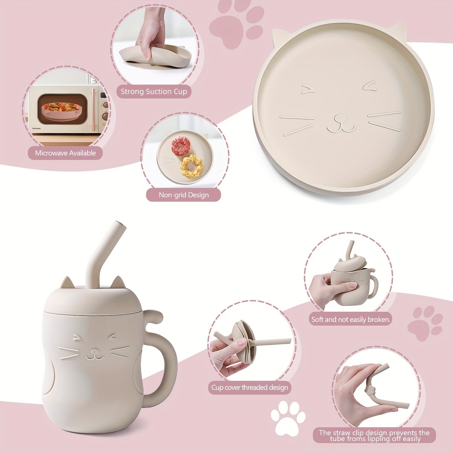 TYRY.HU Baby Feeding Set Silicone Feeding Set Shallow Tray Kitten Design Baby Silicone Tableware, Toddler Eating Utensils, With Suction Cup, Shallow Tray Bib Soft Spoon Fork Cup, Tough Tableware Set, Edible Grade Silicone, Sa