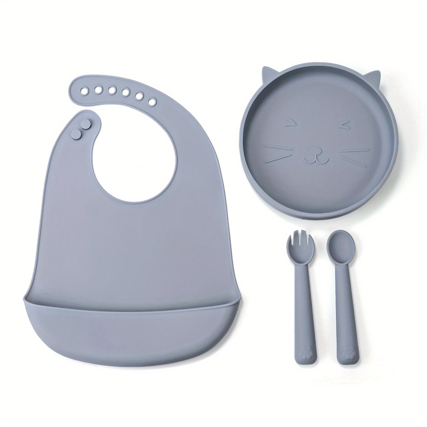 TYRY.HU Baby Feeding Set Silicone Feeding Set Shallow Tray Kitten Design Baby Silicone Tableware, Toddler Eating Utensils, With Suction Cup, Shallow Tray Bib Soft Spoon Fork Cup, Tough Tableware Set, Edible Grade Silicone, Sa