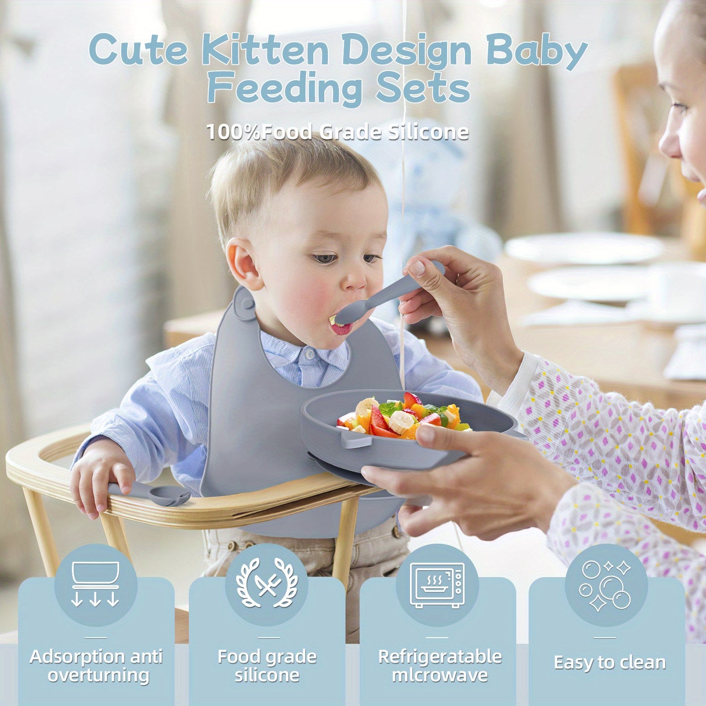 TYRY.HU Baby Feeding Set Silicone Feeding Set Shallow Tray Kitten Design Baby Silicone Tableware, Toddler Eating Utensils, With Suction Cup, Shallow Tray Bib Soft Spoon Fork Cup, Tough Tableware Set, Edible Grade Silicone, Sa