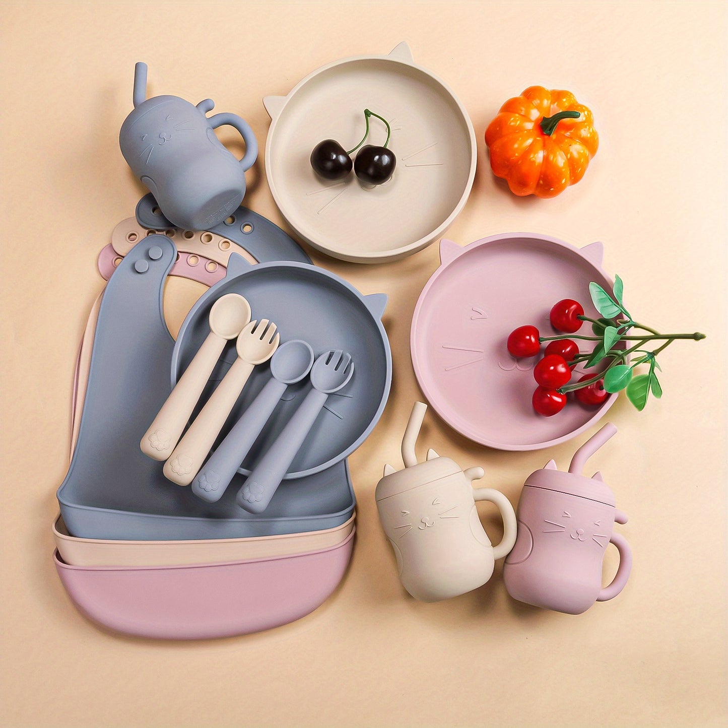 TYRY.HU Baby Feeding Set Silicone Feeding Set Shallow Tray Kitten Design Baby Silicone Tableware, Toddler Eating Utensils, With Suction Cup, Shallow Tray Bib Soft Spoon Fork Cup, Tough Tableware Set, Edible Grade Silicone, Sa