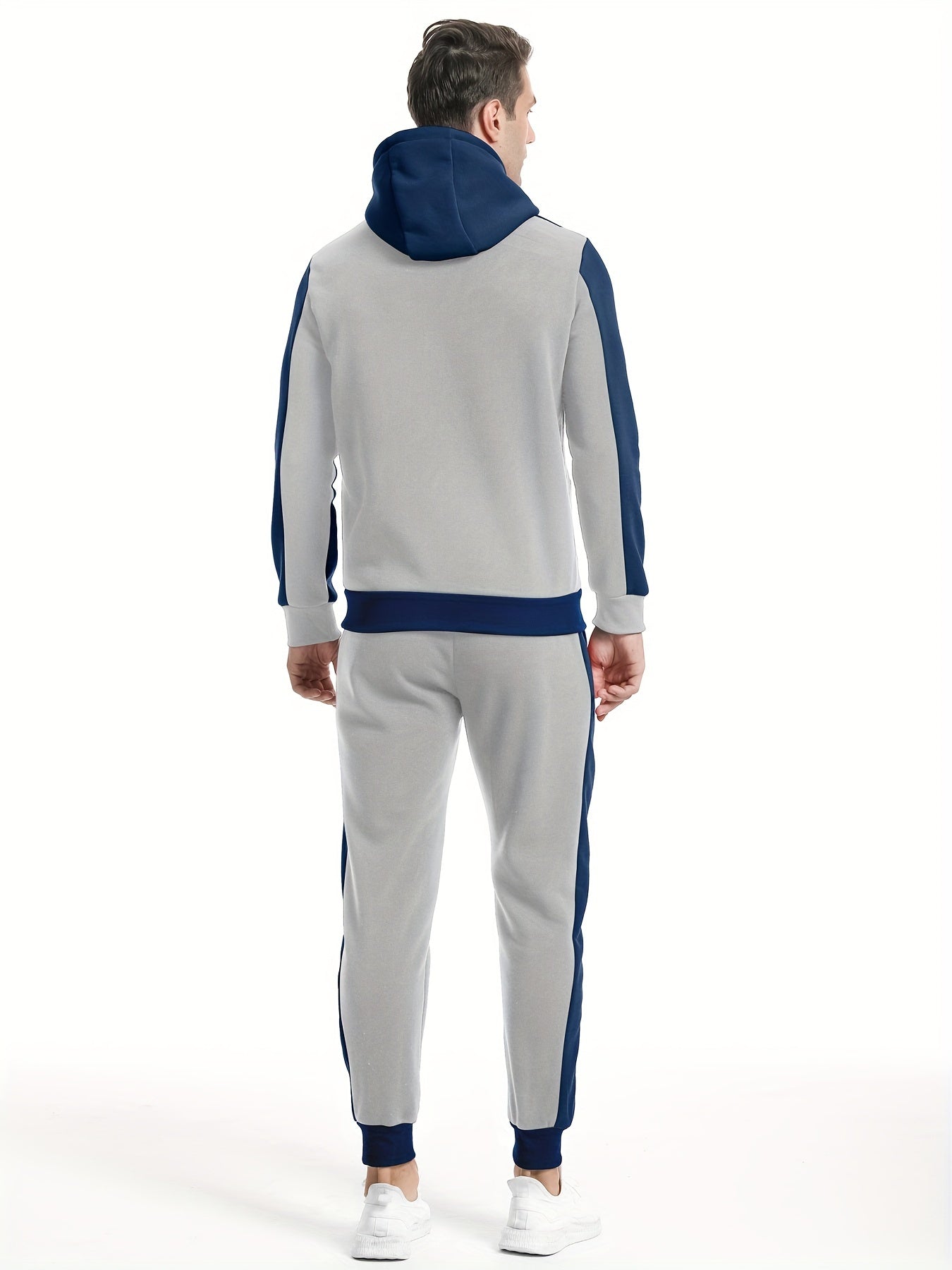 Two-Piece Color Block Men's Casual Sportswear Hoodie Set, Zip-Up Drawstring Jogging Suit For All Seasons
