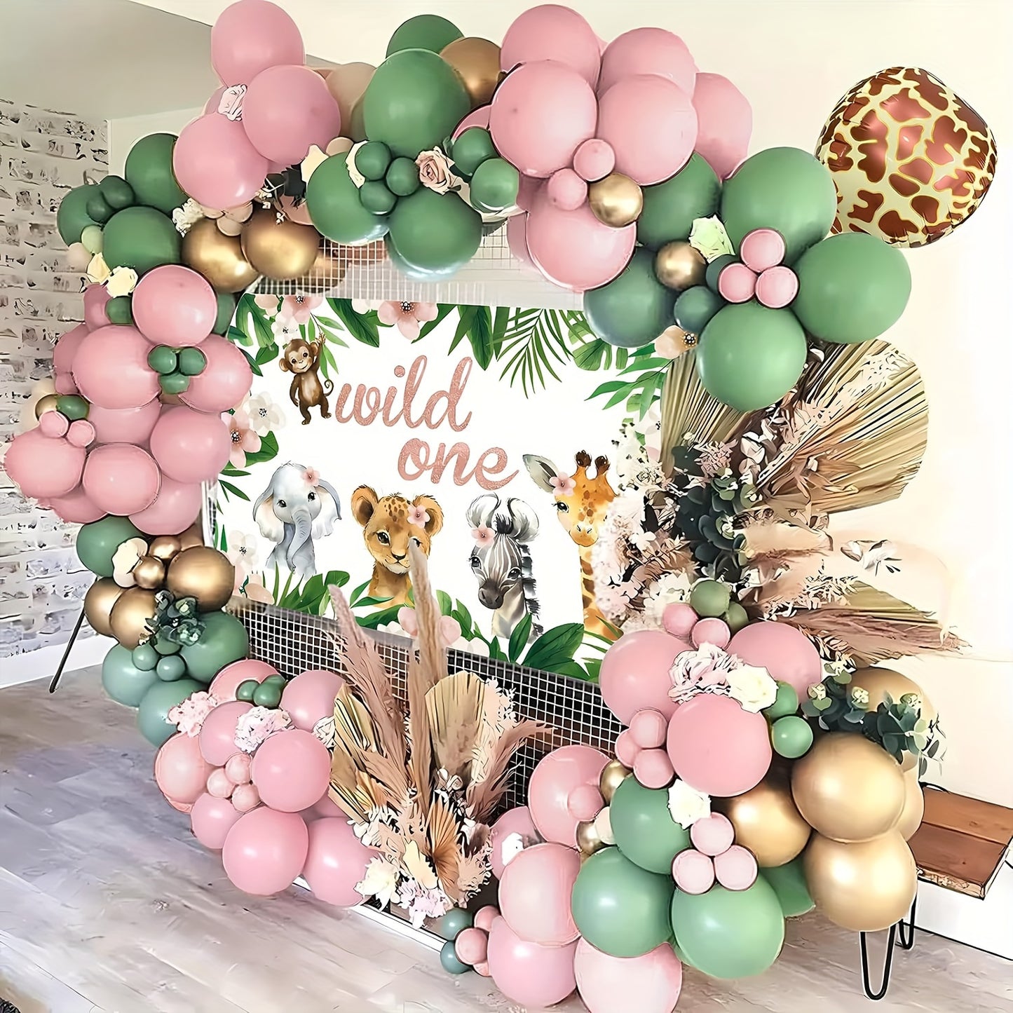 127pcs Wild One Birthday Decorations for Girls of Safari Jungle Theme Balloon Garland Arch Kit, Pink Wild One Balloons Arch with Backdrop 5X3ft for Girl 1st Birthday Party Decor Supplies