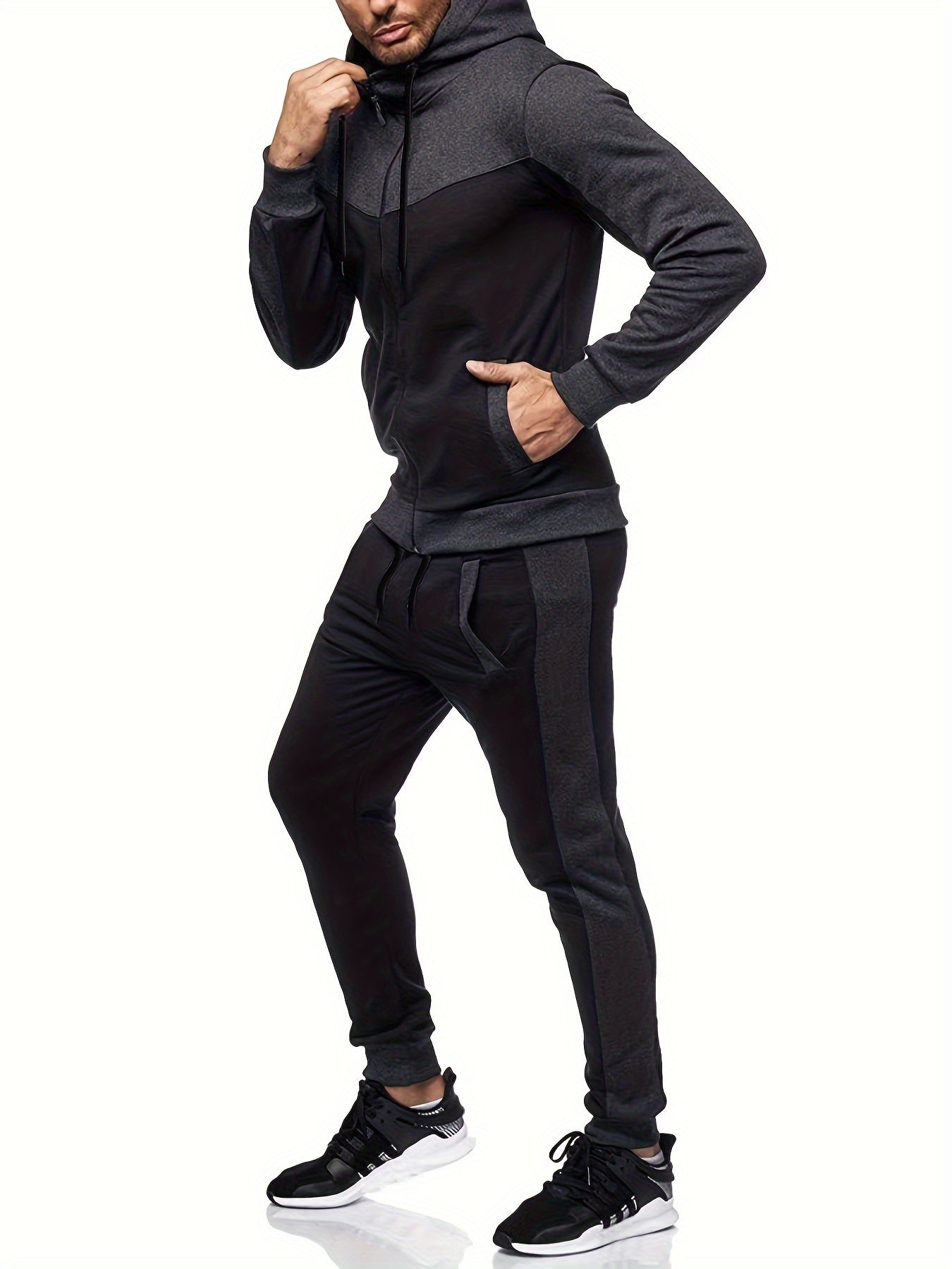 Two-Piece Color Block Men's Casual Sportswear Hoodie Set, Zip-Up Drawstring Jogging Suit For All Seasons