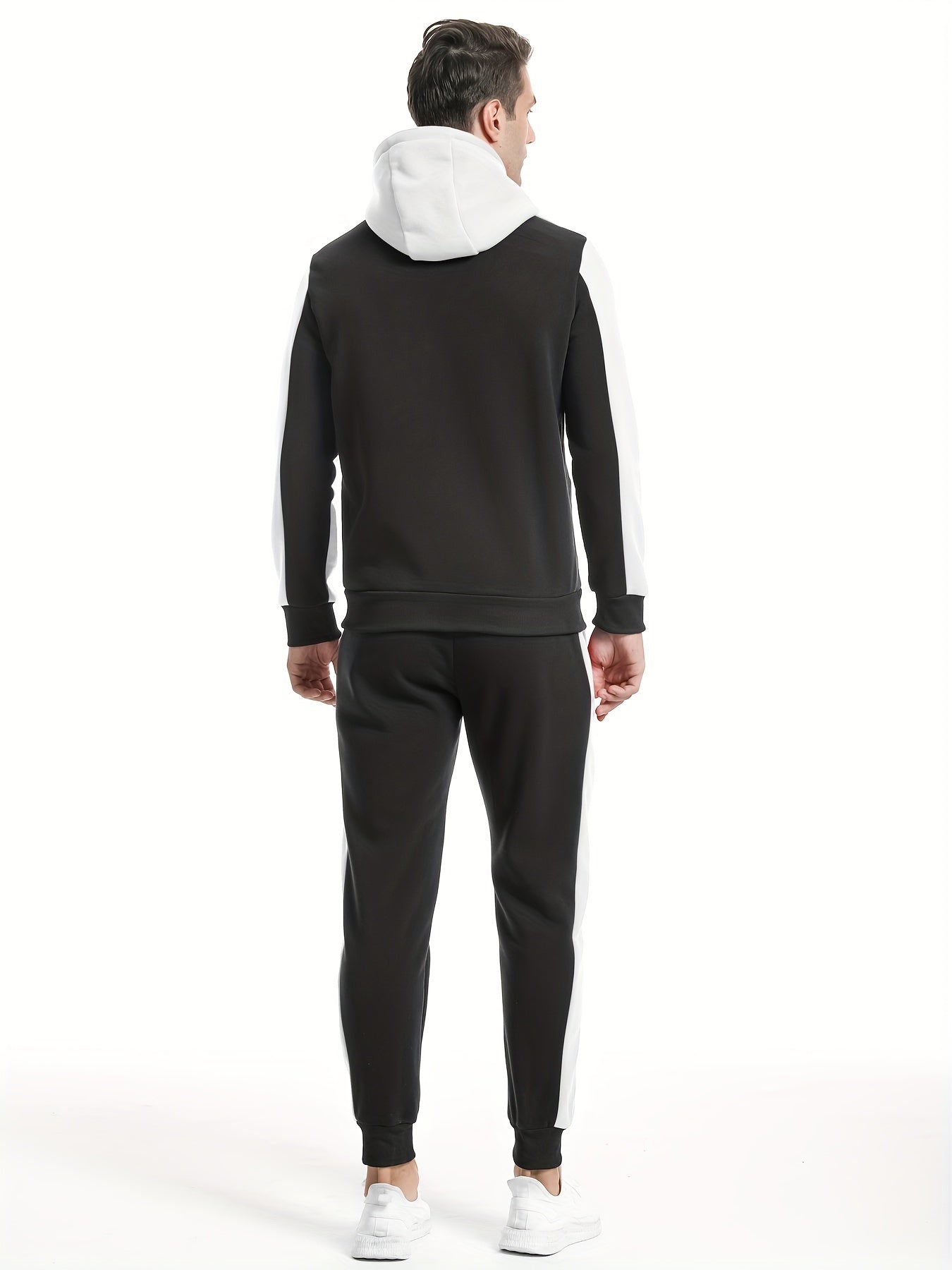 Two-Piece Color Block Men's Casual Sportswear Hoodie Set, Zip-Up Drawstring Jogging Suit For All Seasons
