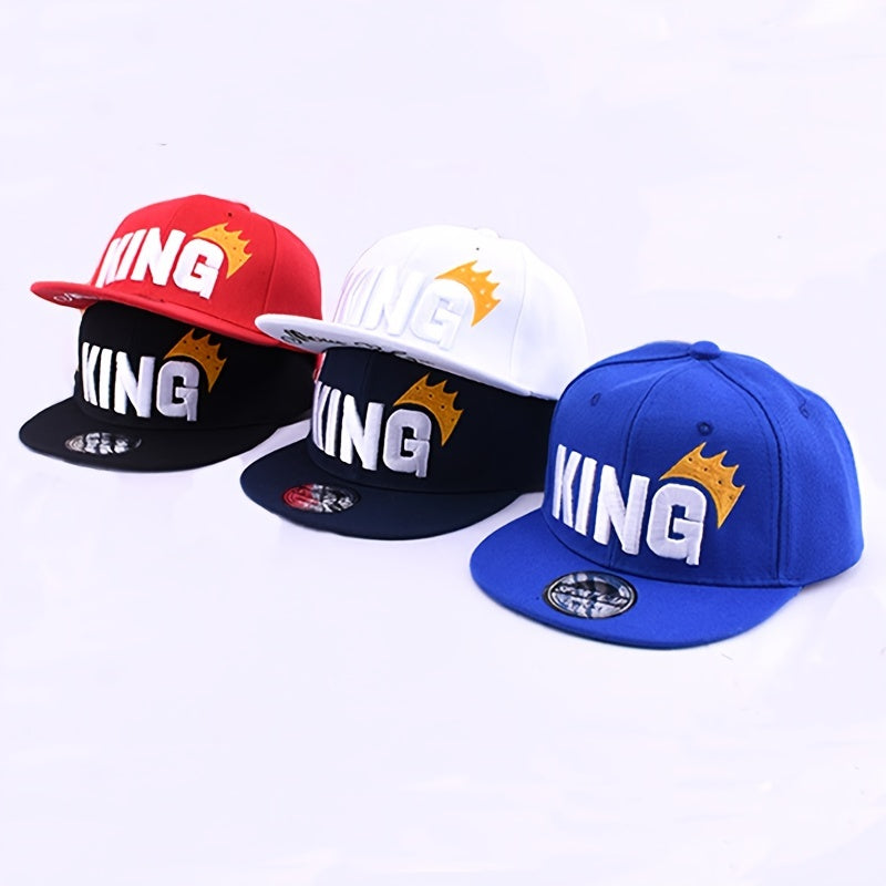 Youngsters' Hip Hop Snapback Caps - "KING" Embroidered with Crown Design, Breathable & Adjustable, Sun-Protective Baseball Hats for Boys & Girls, Perfect for Spring & Summer Outdoor Fun, Hip Hop Hat