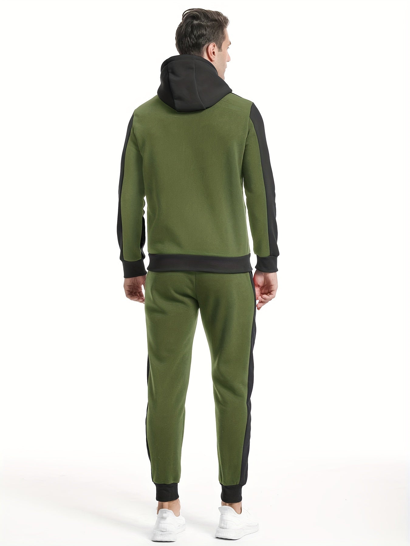 Two-Piece Color Block Men's Casual Sportswear Hoodie Set, Zip-Up Drawstring Jogging Suit For All Seasons