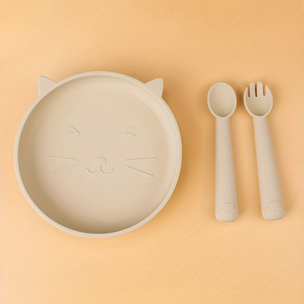 TYRY.HU Baby Feeding Set Silicone Feeding Set Shallow Tray Kitten Design Baby Silicone Tableware, Toddler Eating Utensils, With Suction Cup, Shallow Tray Bib Soft Spoon Fork Cup, Tough Tableware Set, Edible Grade Silicone, Sa