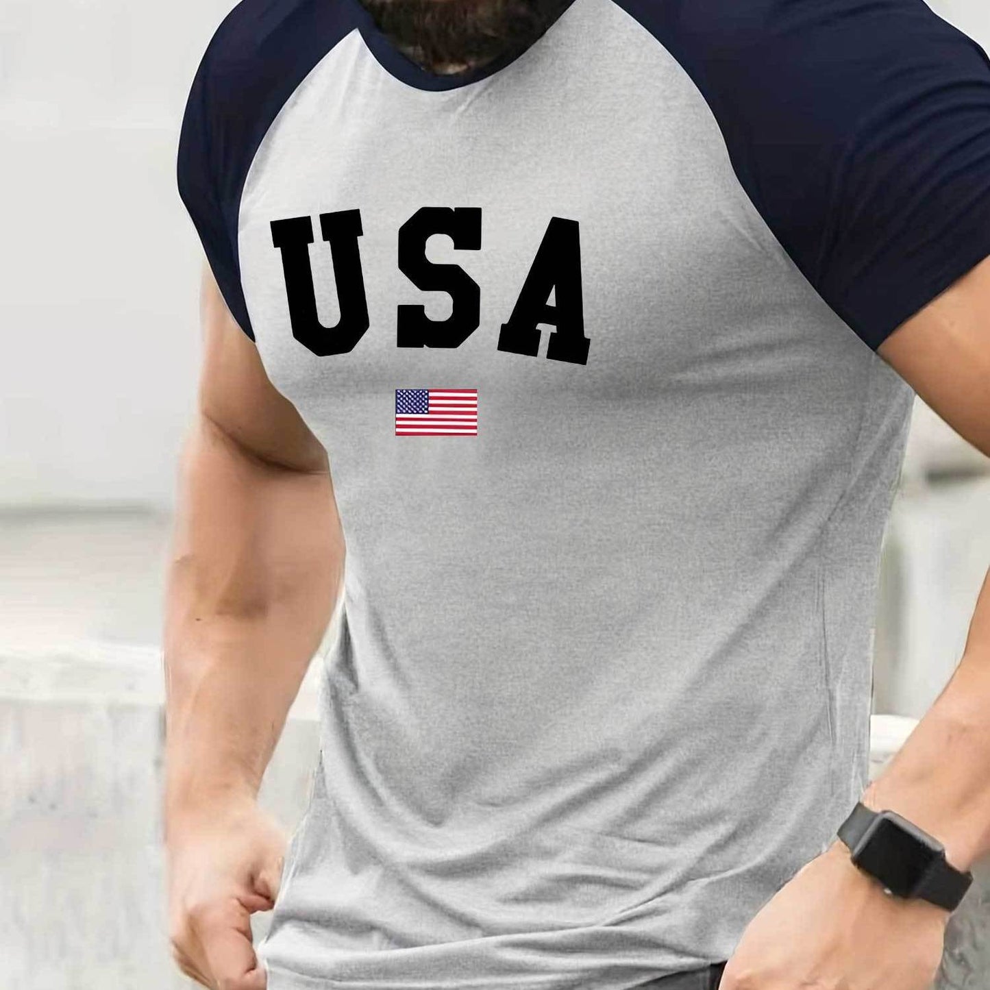 USA Flag Print Raglan T-Shirt for Men - Comfortable, Stretchy, Crew Neck, Short Sleeve, Casual Summer Sportswear Top with American Patriotic Design - Perfect for Fitness, Workout, Running, Outdoor Activities