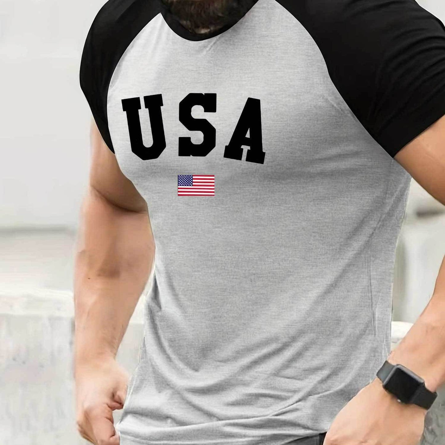 USA Flag Print Raglan T-Shirt for Men - Comfortable, Stretchy, Crew Neck, Short Sleeve, Casual Summer Sportswear Top with American Patriotic Design - Perfect for Fitness, Workout, Running, Outdoor Activities