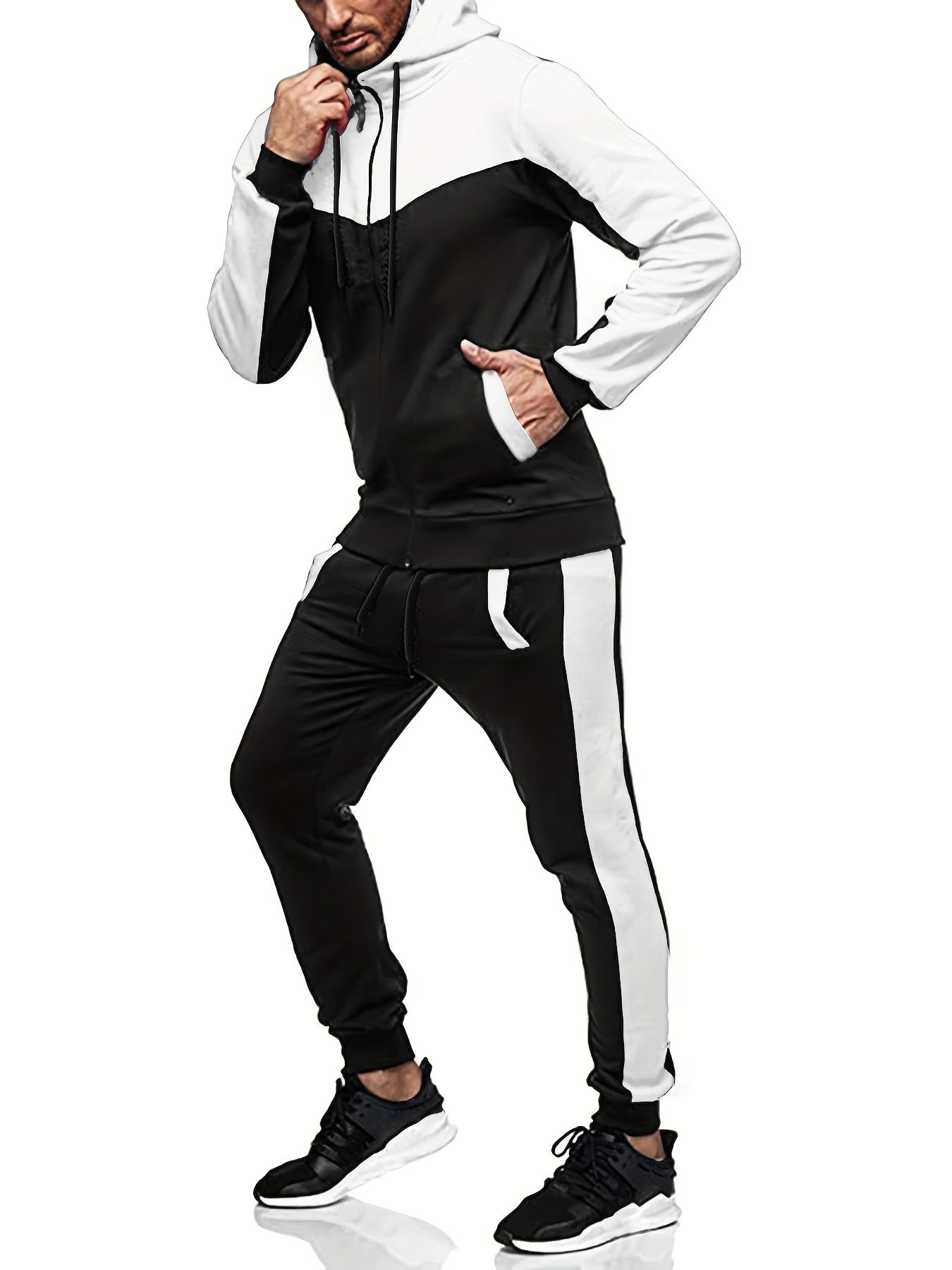Two-Piece Color Block Men's Casual Sportswear Hoodie Set, Zip-Up Drawstring Jogging Suit For All Seasons