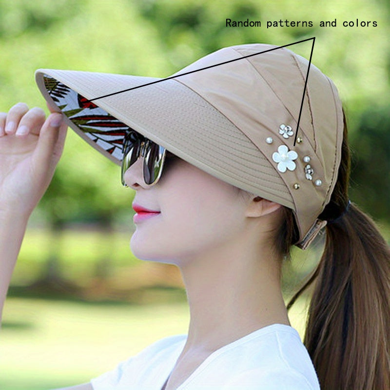 Women'S Wide Brim Sun Visor Hat with Faux Pearl & Floral Embellishments - Foldable Beach & Picnic Cap, Lightweight & Breathable for Outdoor Activities, All-Season Use, Sun Visor Hat, Picnic Headwear, Stylish Headgear, Durable