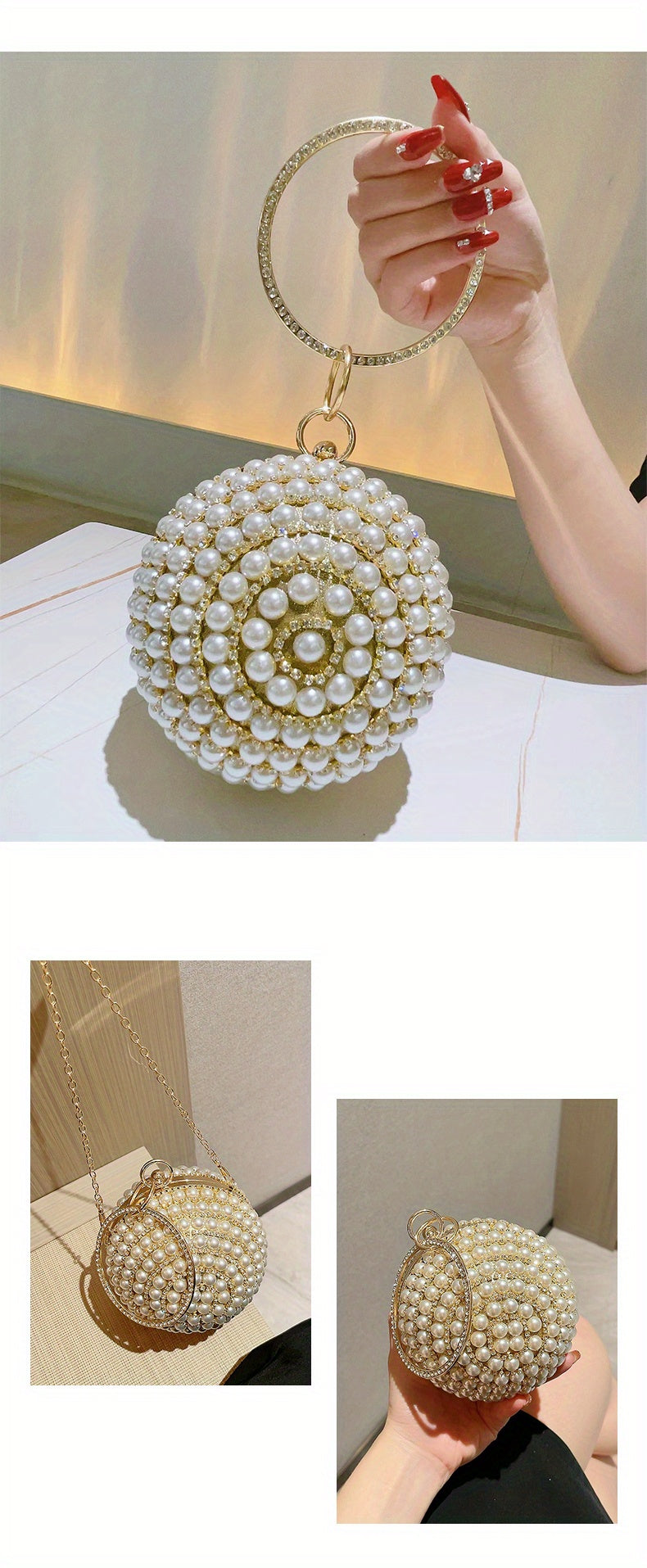 Glamorous Faux Pearl & Rhinestone Ball Clutch - Sparkling Evening Handbag for Weddings, Proms & Parties - Womens Fashion Purse