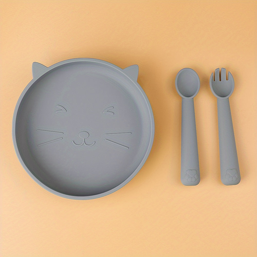 TYRY.HU Baby Feeding Set Silicone Feeding Set Shallow Tray Kitten Design Baby Silicone Tableware, Toddler Eating Utensils, With Suction Cup, Shallow Tray Bib Soft Spoon Fork Cup, Tough Tableware Set, Edible Grade Silicone, Sa