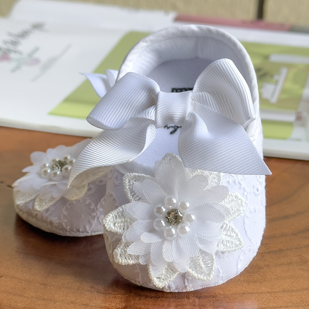 Baby Girls Mary Jane Flat Shoes With Flower Decor Soft Comfy Crib Shoes First Walker Shoes For Newborn Infant, Spring And Summer