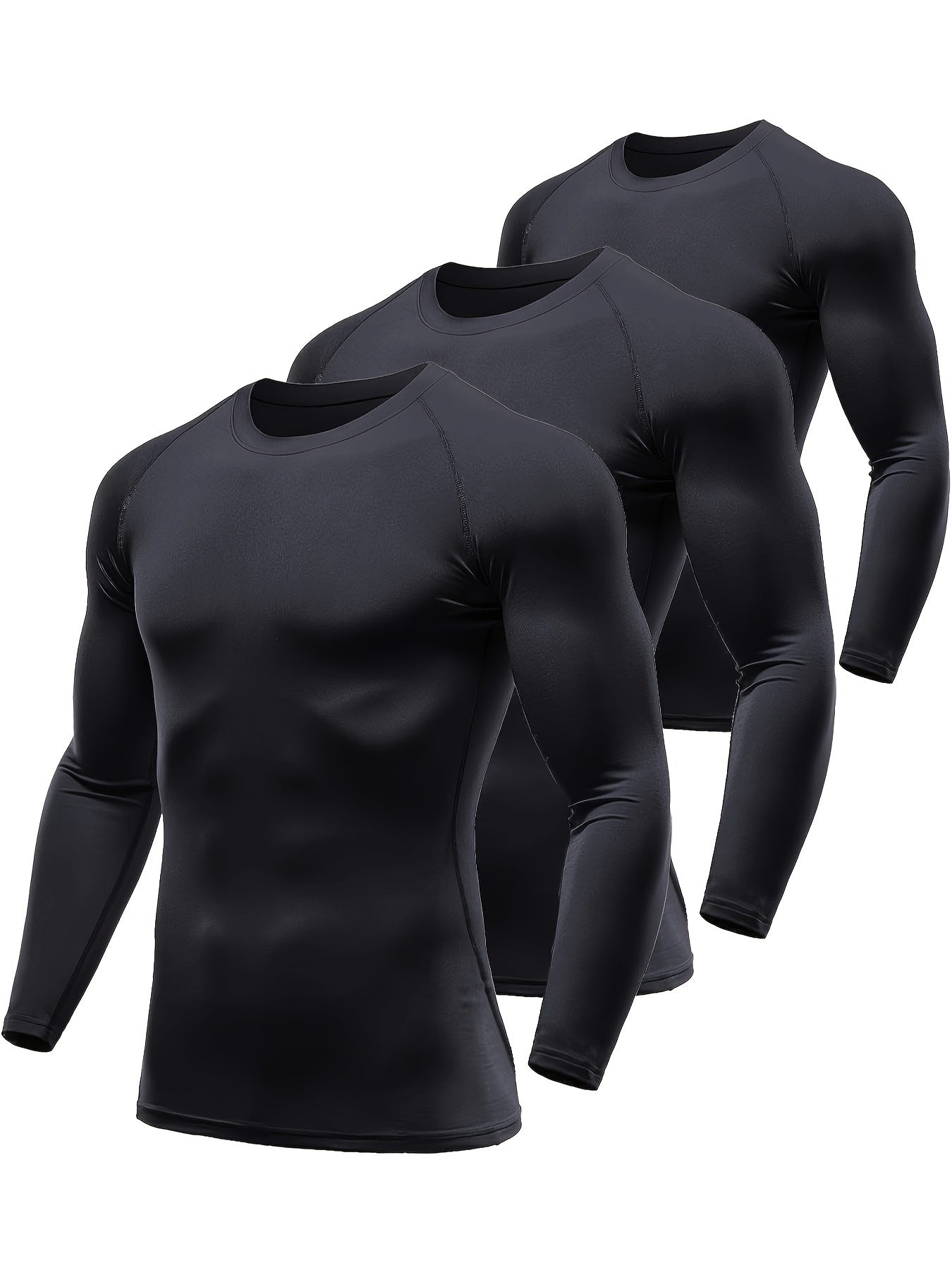 3-Pack Men's Plus Size Long Sleeve Compression Shirts, High-Stretch Polyester Blend, Athletic Crew Neck Sportswear Tops, UV Protection Moisture-Wicking Baselayer