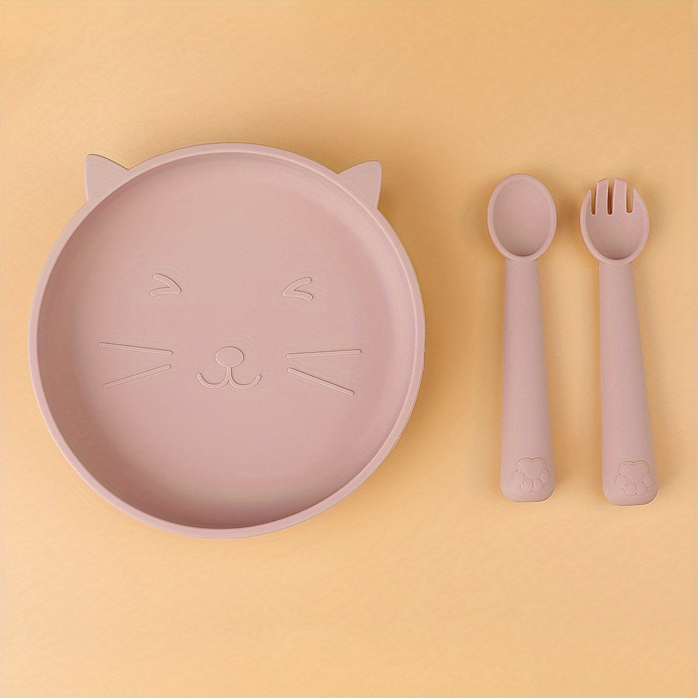 TYRY.HU Baby Feeding Set Silicone Feeding Set Shallow Tray Kitten Design Baby Silicone Tableware, Toddler Eating Utensils, With Suction Cup, Shallow Tray Bib Soft Spoon Fork Cup, Tough Tableware Set, Edible Grade Silicone, Sa