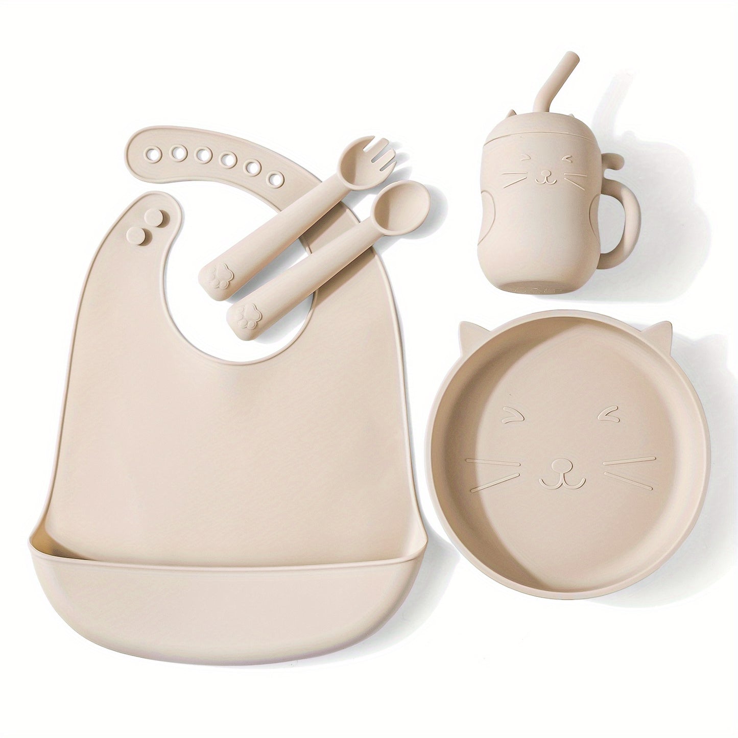 TYRY.HU Baby Feeding Set Silicone Feeding Set Shallow Tray Kitten Design Baby Silicone Tableware, Toddler Eating Utensils, With Suction Cup, Shallow Tray Bib Soft Spoon Fork Cup, Tough Tableware Set, Edible Grade Silicone, Sa