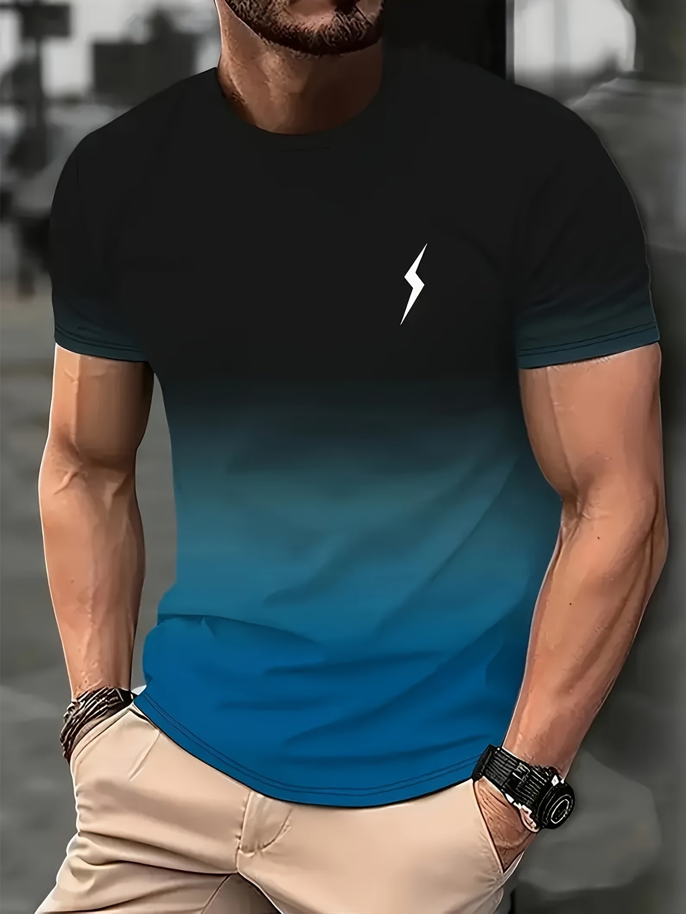 5-Pack Men's Polyester Athletic T-Shirts, Basic Crew Neck with Slight Stretch, Gradient Cool 3D Print Quick Dry Short Sleeve Fitness Tops, Knit Fabric Spring/Summer Sportswear