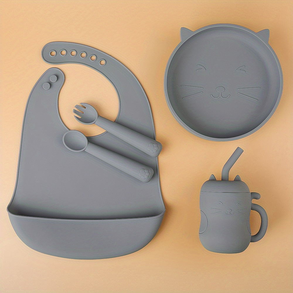 TYRY.HU Baby Feeding Set Silicone Feeding Set Shallow Tray Kitten Design Baby Silicone Tableware, Toddler Eating Utensils, With Suction Cup, Shallow Tray Bib Soft Spoon Fork Cup, Tough Tableware Set, Edible Grade Silicone, Sa