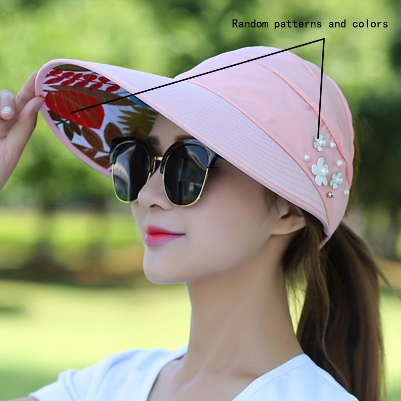 Women'S Wide Brim Sun Visor Hat with Faux Pearl & Floral Embellishments - Foldable Beach & Picnic Cap, Lightweight & Breathable for Outdoor Activities, All-Season Use, Sun Visor Hat, Picnic Headwear, Stylish Headgear, Durable