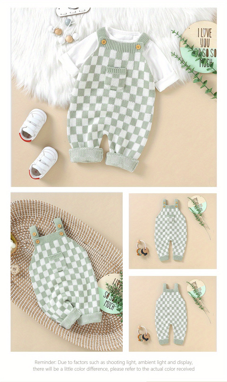 Cozy Baby Plaid Knitted Long Overall Pants - Soft Medium Stretch Acrylic Fabric, Square Neck, Elastic Casual Suspender Jumpsuit with Adorable Small Pocket, Regular Fit, All-Season Wear, No Inner Wear Required