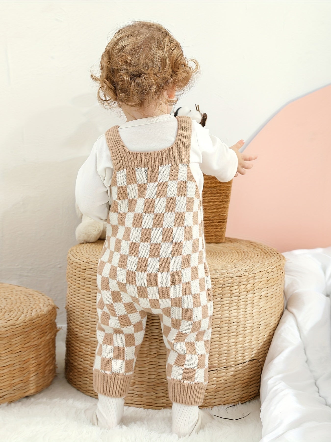 Cozy Baby Plaid Knitted Long Overall Pants - Soft Medium Stretch Acrylic Fabric, Square Neck, Elastic Casual Suspender Jumpsuit with Adorable Small Pocket, Regular Fit, All-Season Wear, No Inner Wear Required