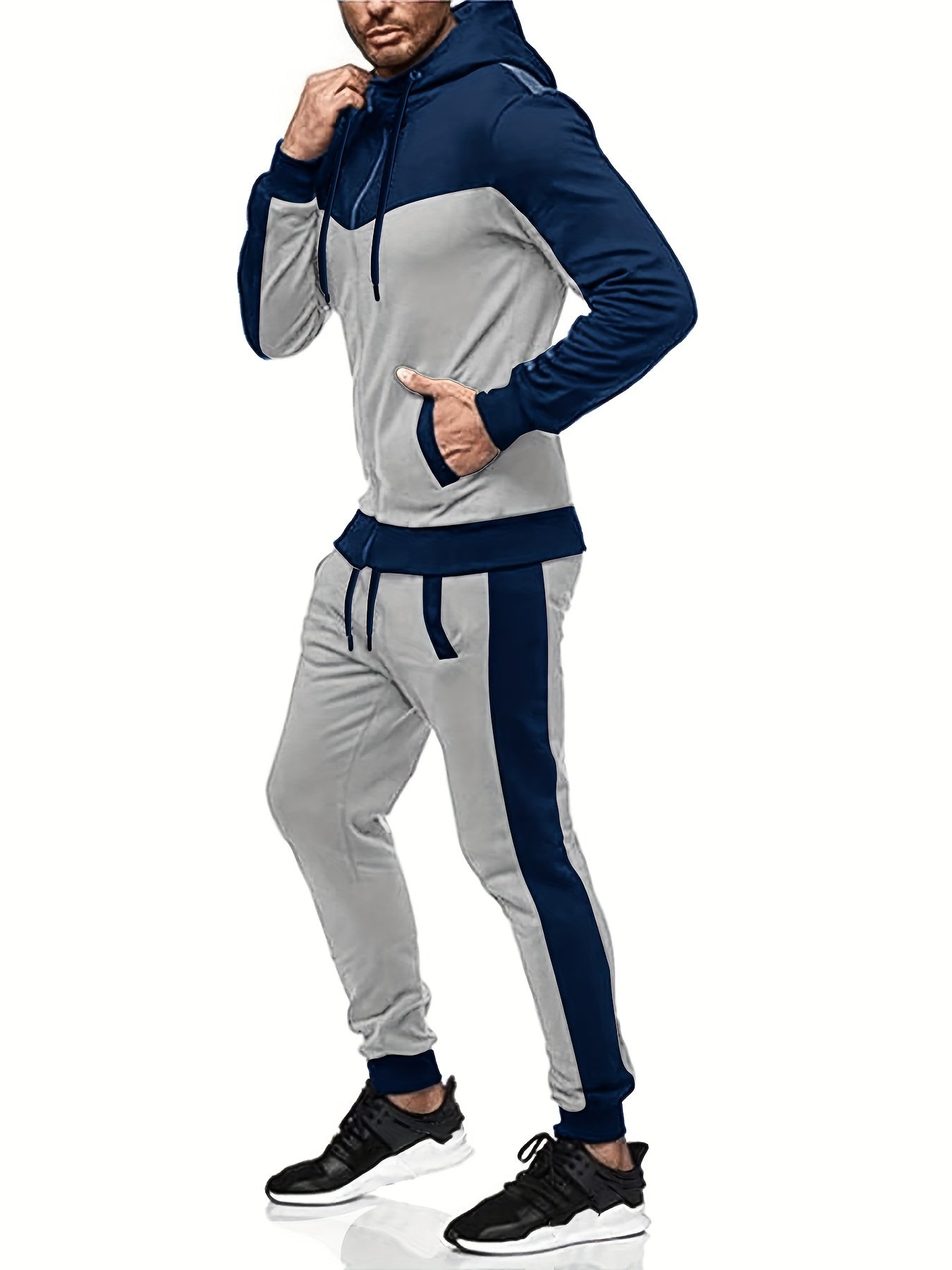 Two-Piece Color Block Men's Casual Sportswear Hoodie Set, Zip-Up Drawstring Jogging Suit For All Seasons