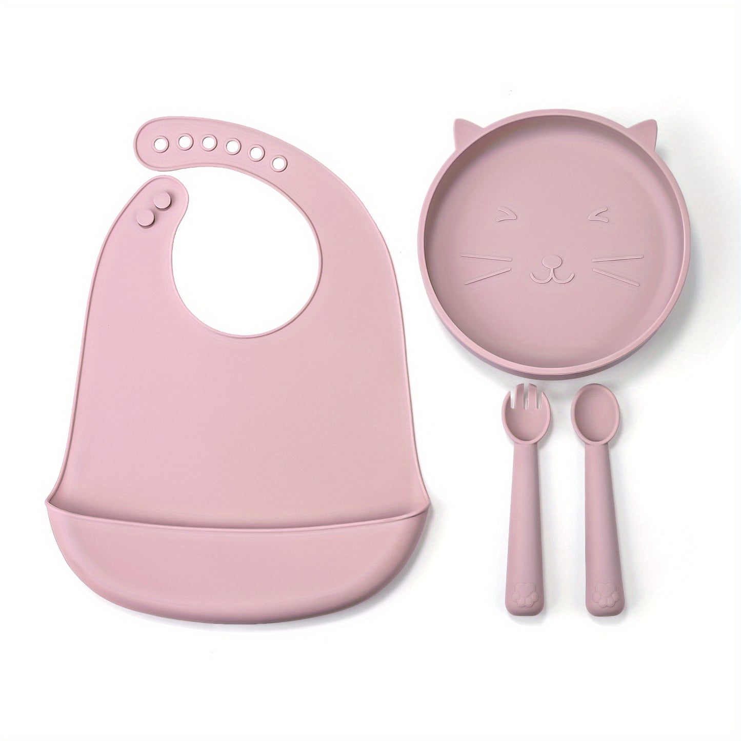 TYRY.HU Baby Feeding Set Silicone Feeding Set Shallow Tray Kitten Design Baby Silicone Tableware, Toddler Eating Utensils, With Suction Cup, Shallow Tray Bib Soft Spoon Fork Cup, Tough Tableware Set, Edible Grade Silicone, Sa