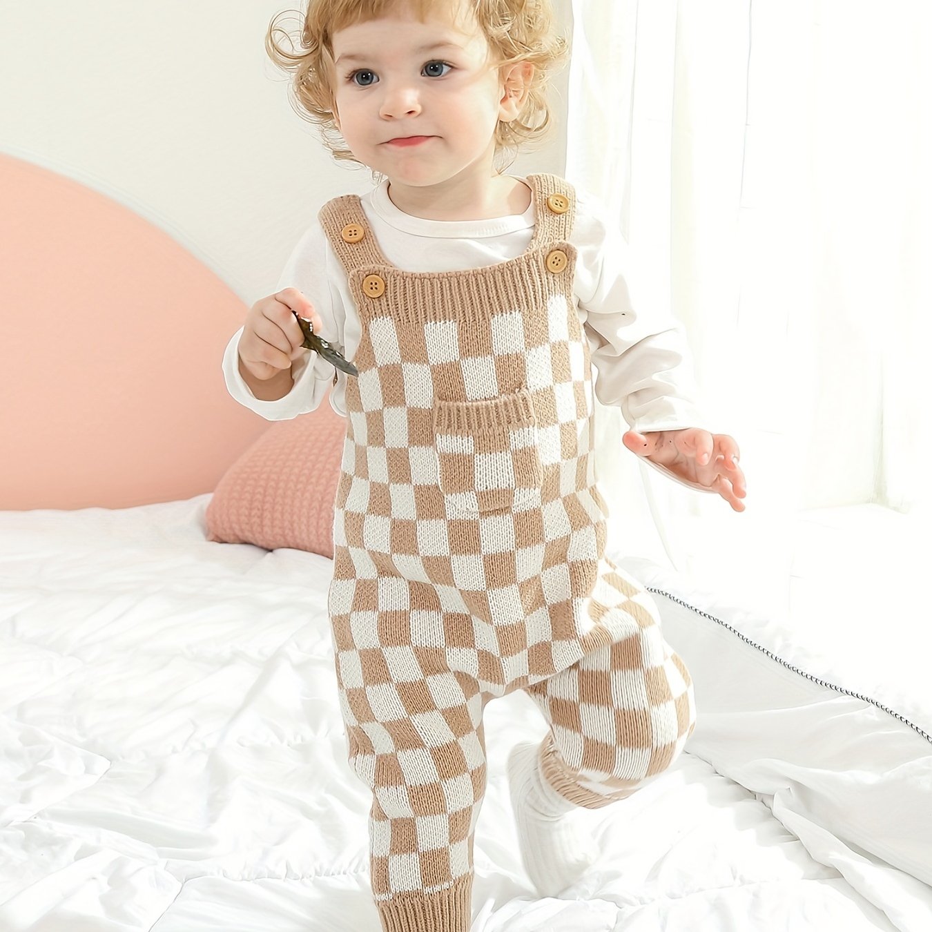 Cozy Baby Plaid Knitted Long Overall Pants - Soft Medium Stretch Acrylic Fabric, Square Neck, Elastic Casual Suspender Jumpsuit with Adorable Small Pocket, Regular Fit, All-Season Wear, No Inner Wear Required
