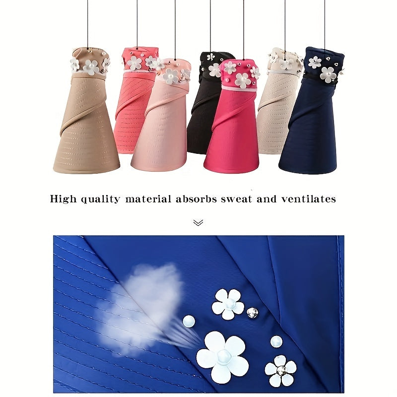 Women'S Wide Brim Sun Visor Hat with Faux Pearl & Floral Embellishments - Foldable Beach & Picnic Cap, Lightweight & Breathable for Outdoor Activities, All-Season Use, Sun Visor Hat, Picnic Headwear, Stylish Headgear, Durable