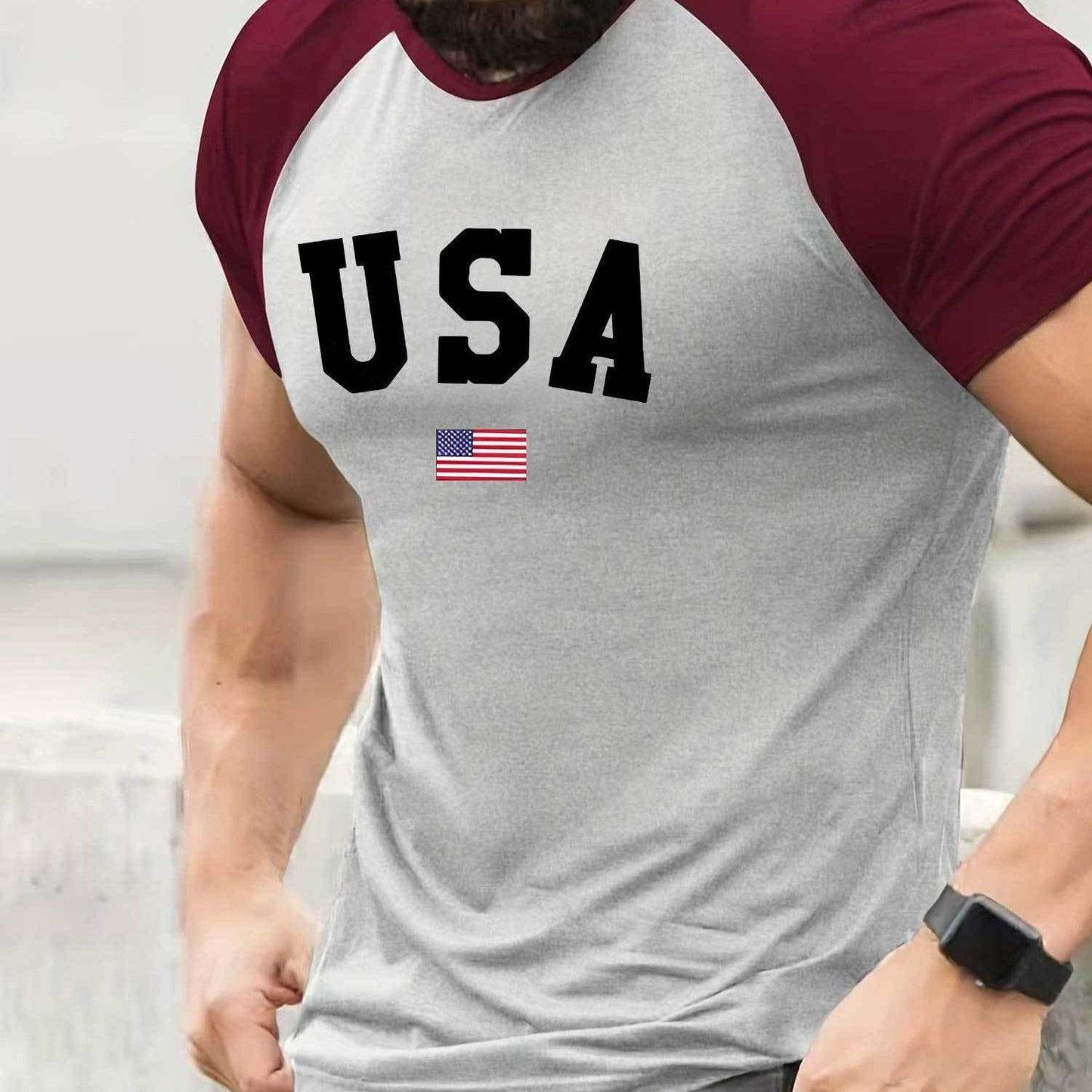 USA Flag Print Raglan T-Shirt for Men - Comfortable, Stretchy, Crew Neck, Short Sleeve, Casual Summer Sportswear Top with American Patriotic Design - Perfect for Fitness, Workout, Running, Outdoor Activities