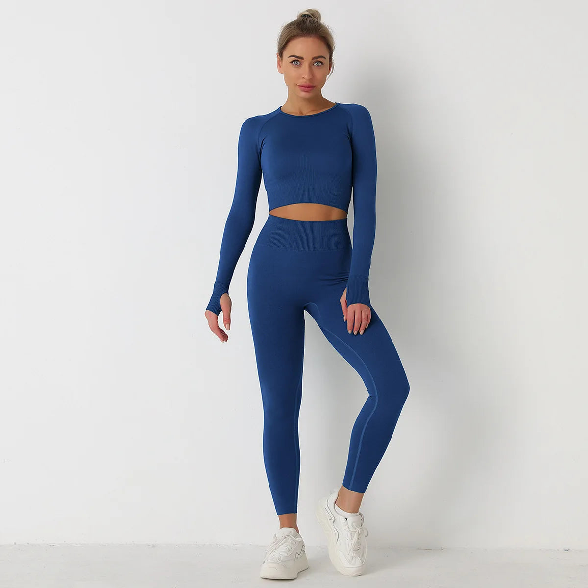 Custom Logo Seamless Sportswear Set for Women Crop O-neck Long-sleeved T-shirts Hip Lifting High Waist Leggings Yoga Running Set