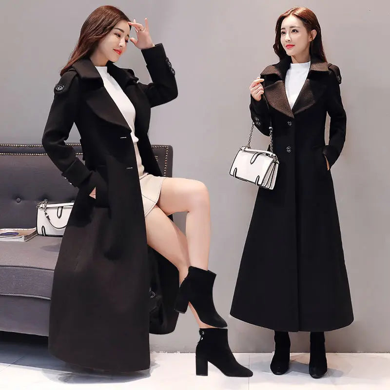 Women's Long Woolen Coat 2023 Spring Autumn New Korean Waist Slimming Over-Knee Thick Keep Warm Woolen Coat Lady Overcoat W2