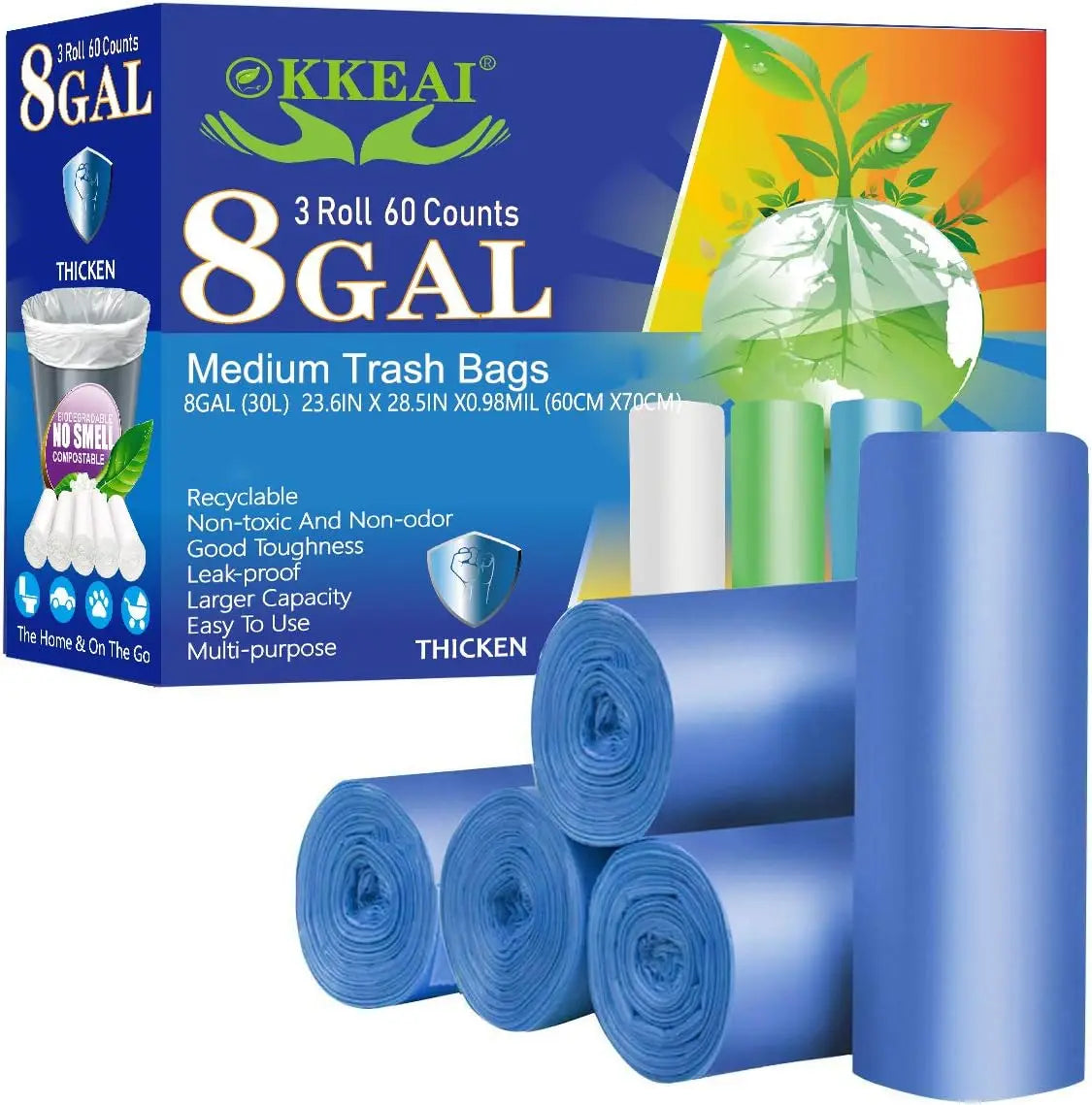 8 Gallon Kitchen Trash Bags Blue Garbage Bags Strong 30L Trash Can Bags Medium Wastebasket Bin Liners Home Office, Lawn,Bathroom