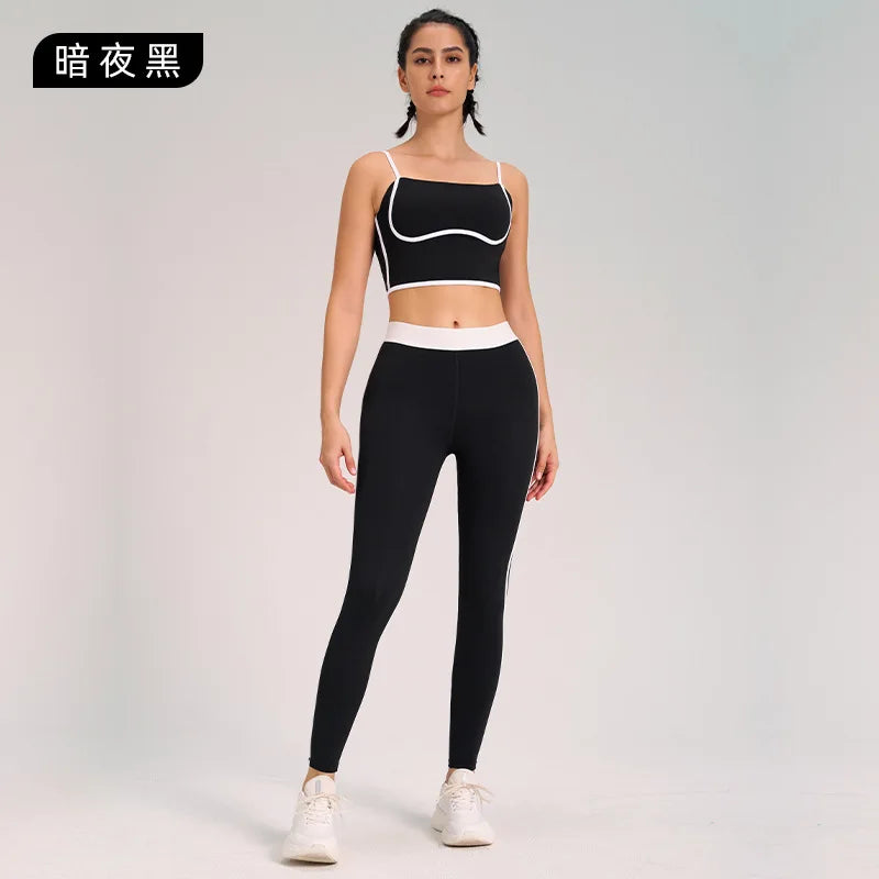 Two-Piece Double-Sided Brushed Sportswear Set Breathable Yoga Wear for Outdoor Running & Exercise Solid Pattern Fitness Apparel