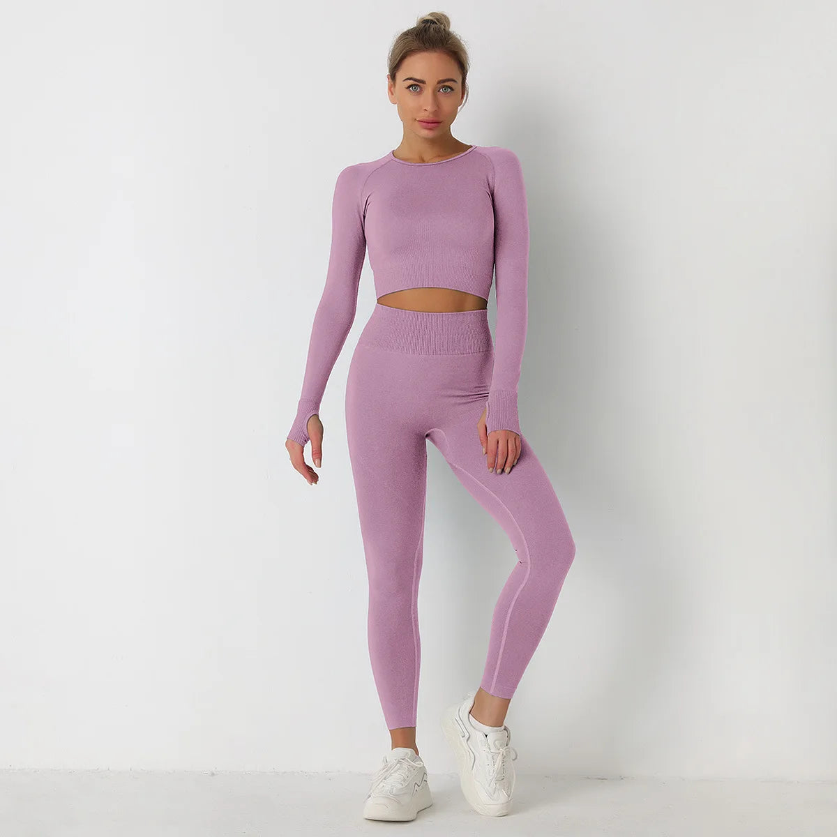 Custom Logo Seamless Sportswear Set for Women Crop O-neck Long-sleeved T-shirts Hip Lifting High Waist Leggings Yoga Running Set