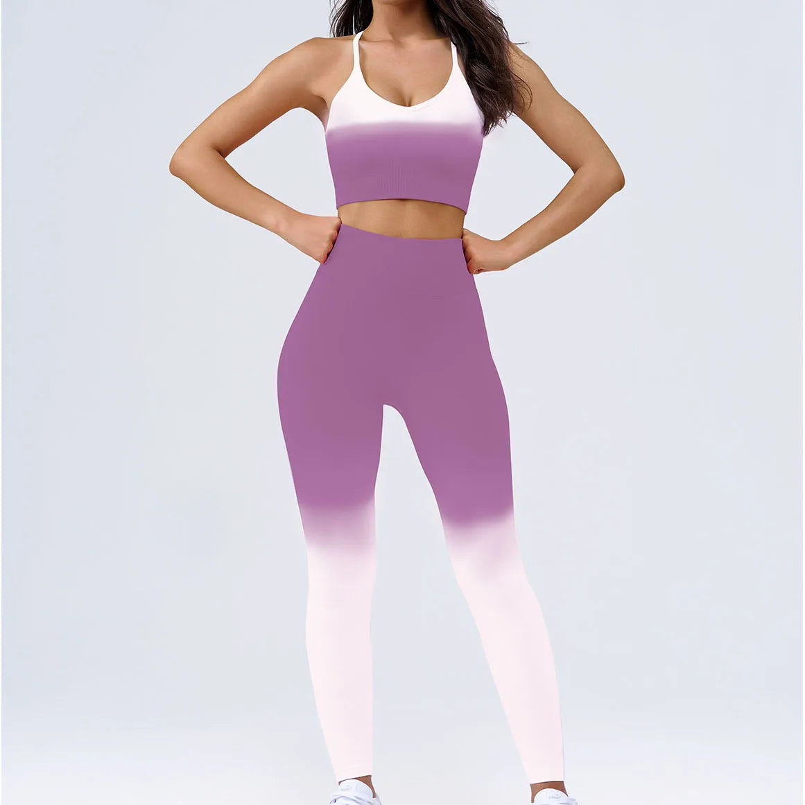 Gradient Breathable Sportswear Suit for Women Y-line Crop Tank Top Deed Neck Sports Bra Scrunch Butt Leggings Set Activewear Set