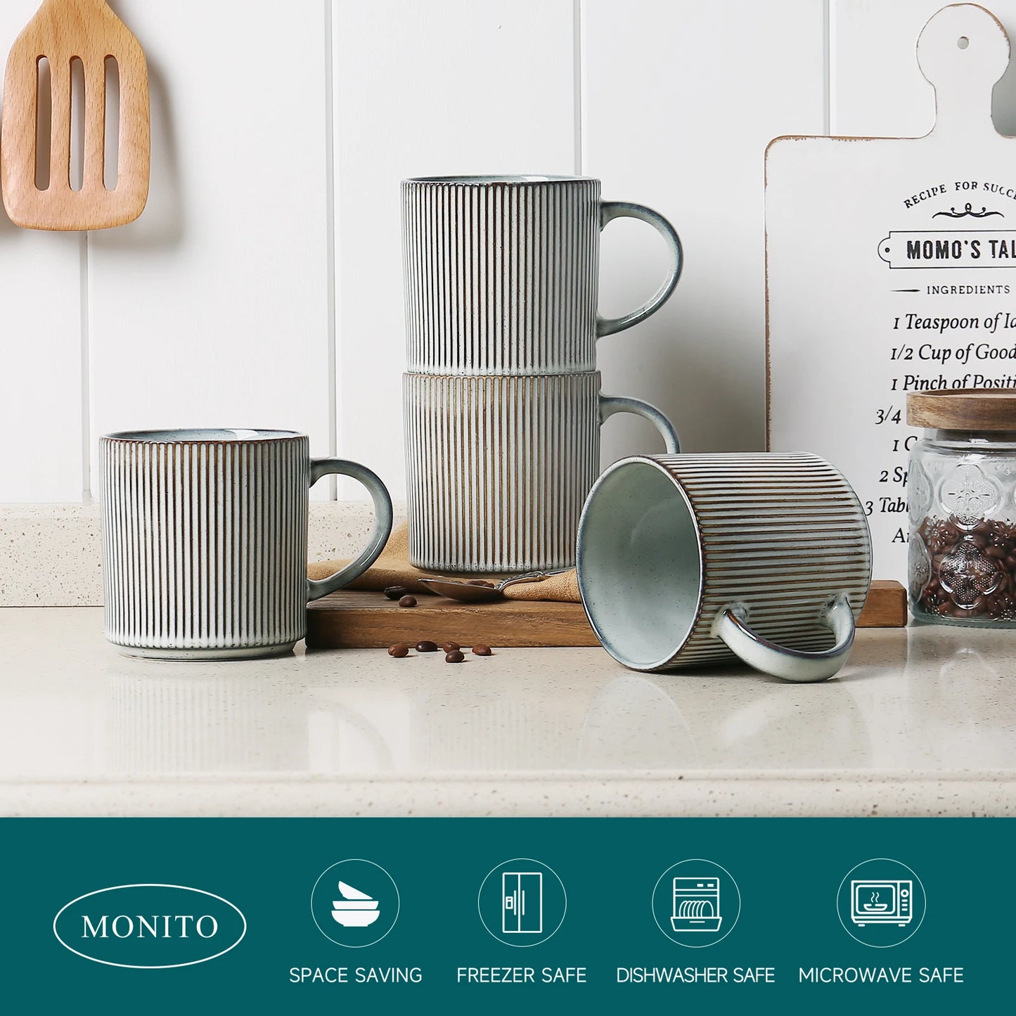 16Oz Ceramic Coffee Mugs Set of 4 Rustic Stoneware Coffee Cups Set with Large Handle for Latte Cocoa Tea Milk Smoky Blue