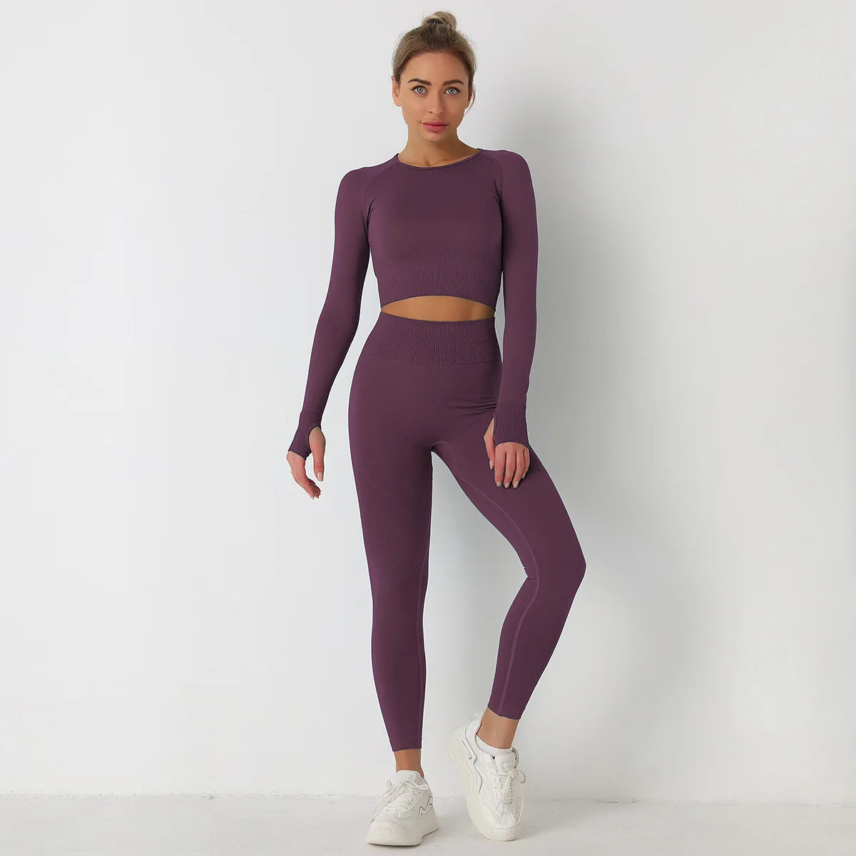 Custom Logo Seamless Sportswear Set for Women Crop O-neck Long-sleeved T-shirts Hip Lifting High Waist Leggings Yoga Running Set