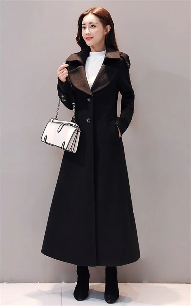 Women's Long Woolen Coat 2023 Spring Autumn New Korean Waist Slimming Over-Knee Thick Keep Warm Woolen Coat Lady Overcoat W2