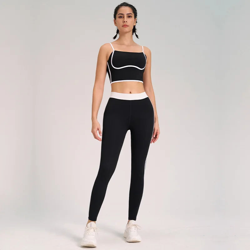 Two-Piece Double-Sided Brushed Sportswear Set Breathable Yoga Wear for Outdoor Running & Exercise Solid Pattern Fitness Apparel