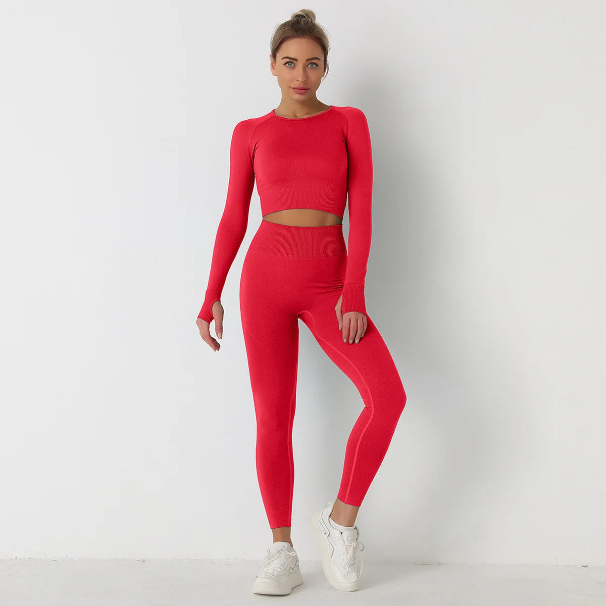 Custom Logo Seamless Sportswear Set for Women Crop O-neck Long-sleeved T-shirts Hip Lifting High Waist Leggings Yoga Running Set