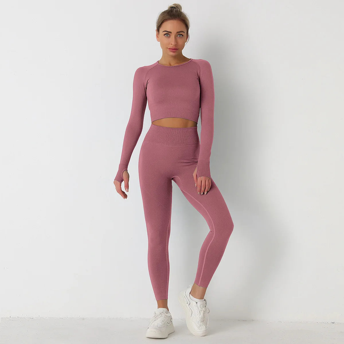 Custom Logo Seamless Sportswear Set for Women Crop O-neck Long-sleeved T-shirts Hip Lifting High Waist Leggings Yoga Running Set